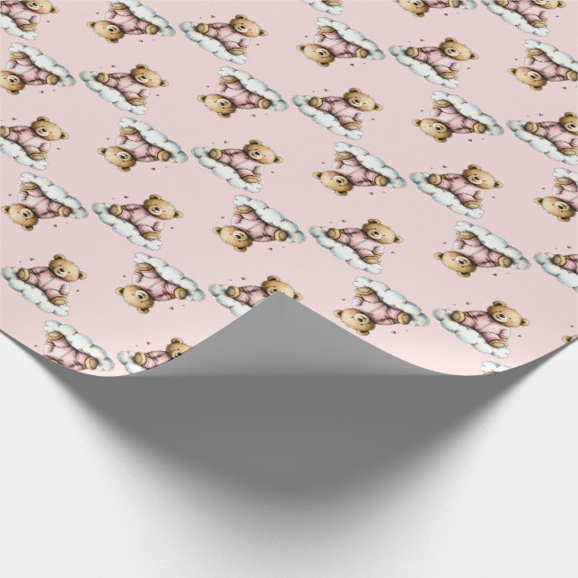 Papel De Presente Urso Teddy Fofo de Pijama Rosa em uma Nuvem (Ponta)