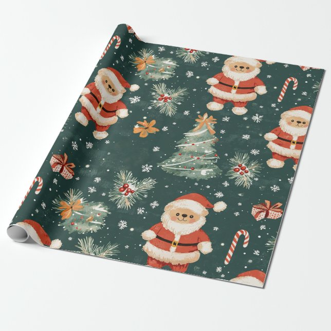 Papel De Presente Urso Teddy Fofo & Papai Noel em Verde Escuro (2) (Desenrolado)