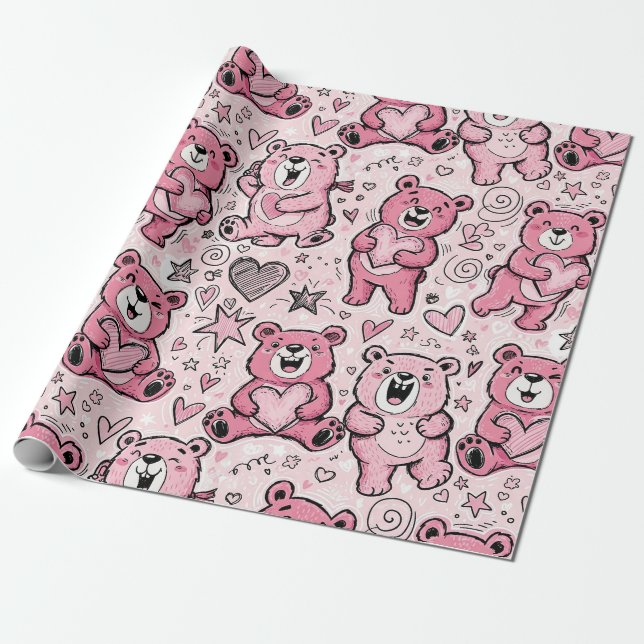 Papel De Presente Urso Teddy Kawaii Padrão Rosa (Desenrolado)