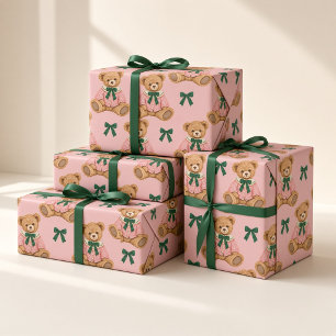 Papel De Presente Urso Teddy Rosa Preppy Laço Verde Padrão