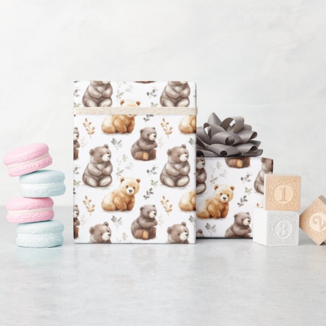 Papel De Presente Ursos castanhos bonitos em branco (Chá de bebê)