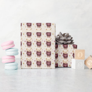 Papel De Presente Ursos de Teddy com Corações Roxos e Dourados