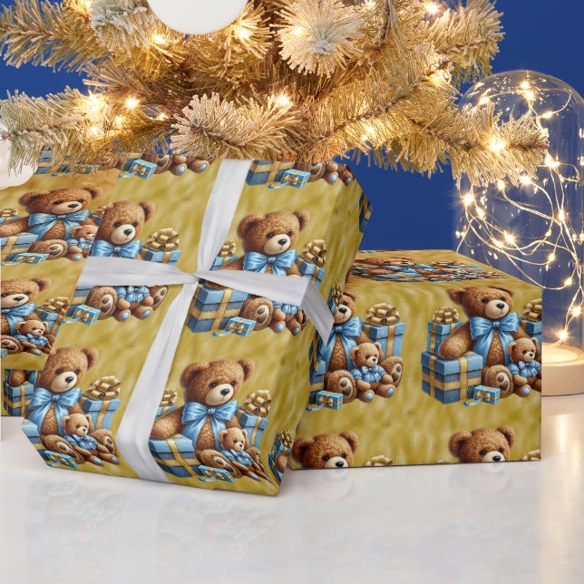 Papel De Presente Ursos de Teddy de Natal em Azul e Castanho (Feriados)