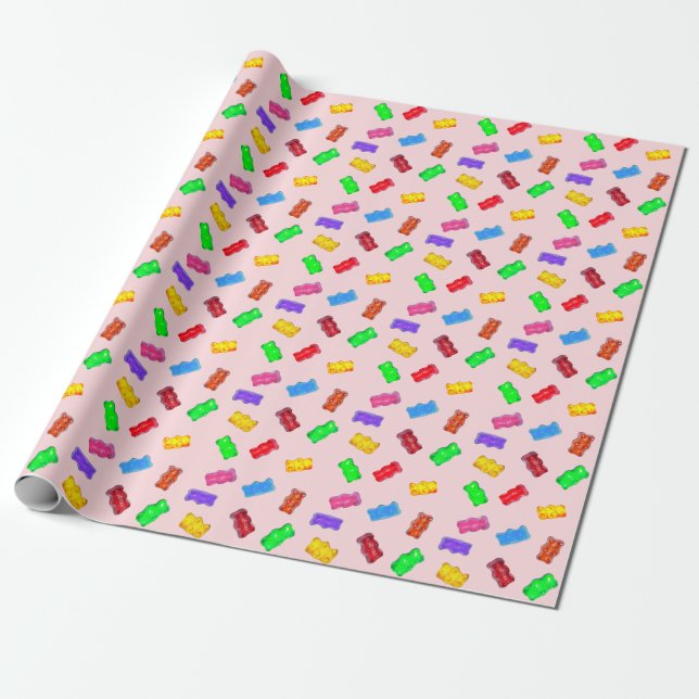 Papel De Presente Ursos doces multicoloridos modernos sobre rosa (Desenrolado)