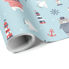 Papel De Presente Ursos náuticos, gaivotas e faróis, de cor azul
