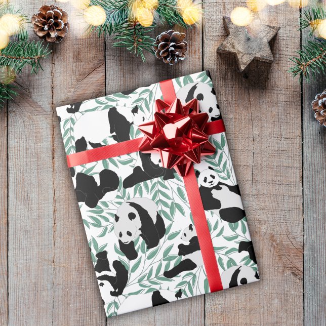 Papel De Presente Ursos Panda Bambu Verde Padrão Branco (Criador carregado)