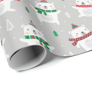 Papel De Presente Ursos Polares Bonitos de Natal em cinzas leves