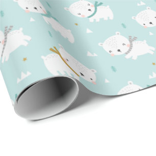 Papel De Presente Ursos Polares Cuxos com lenços em azul claro