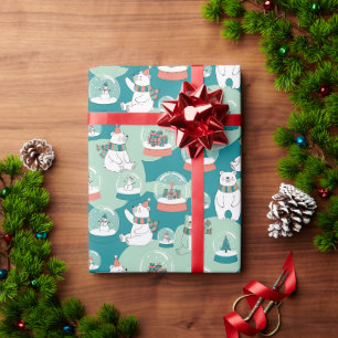 Papel De Presente Ursos Polares Fofos & Globos de Neve Padrão de Inv