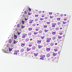 Papel De Presente Ursos roxos, rosados e Lavandas e balões dotados