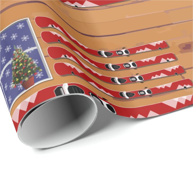 Papel De Presente USA Flag Skis Christmas (texto fixo) (Ponta do rolo)