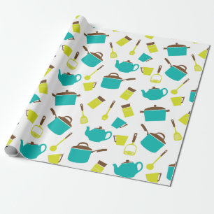 Papel De Presente Utensílios Retro Vintage Kitchen 50 Azul Amarelo