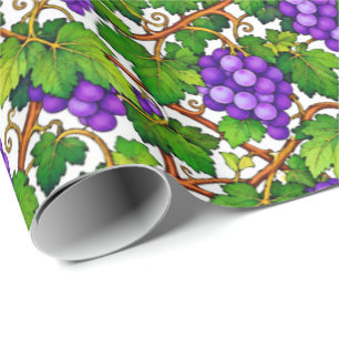 Papel De Presente Uvas Roxas e Folhas Verdes de Vinha