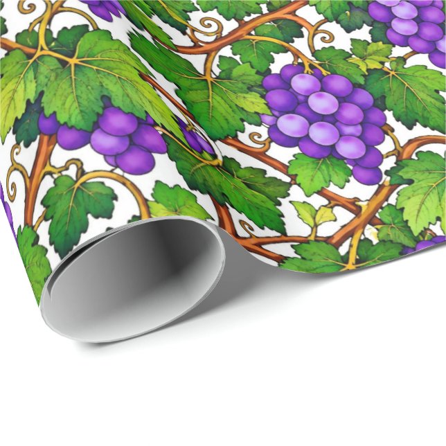 Papel De Presente Uvas Roxas e Folhas Verdes de Vinha (Ponta do rolo)