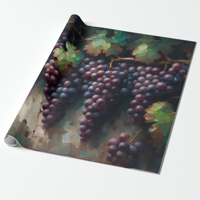 Papel De Presente Uvas Roxas na Pintura a Óleo de Vinha (Desenrolado)