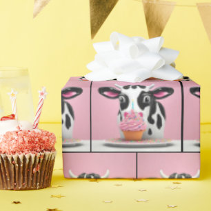 Papel De Presente Vaca Com Cupcake De Aniversário A Rosa