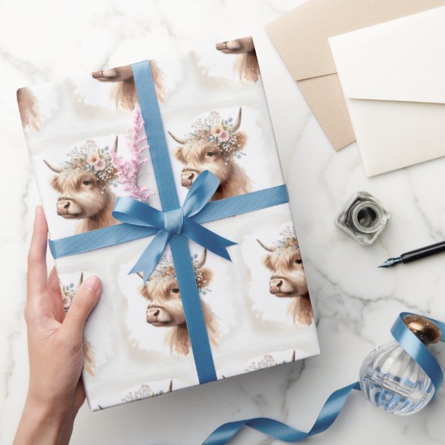 Papel De Presente Vaca das Terras Altas Boho Com Flores Nupciais (Presentear)