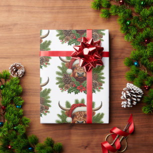 Papel De Presente Vaca das Terras Altas com Chapéu de Papai Noel Art