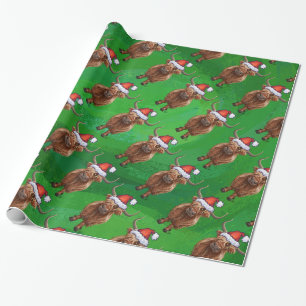 Papel De Presente Vaca do Highland em Santa Hat Padrão em Verde