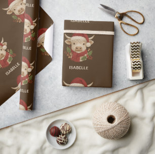 Papel De Presente Vaca do planalto russo com Santa Hat