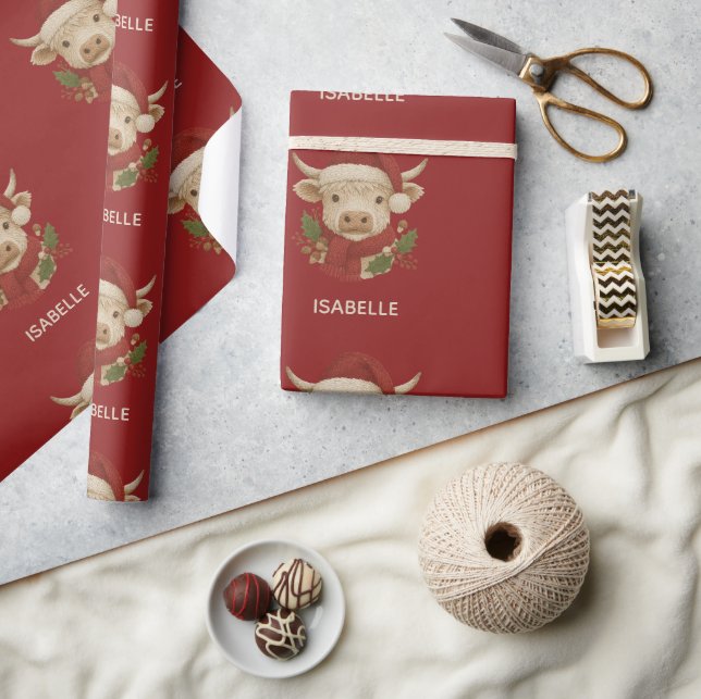 Papel De Presente Vaca do planalto russo com Santa Hat (Artesanato)