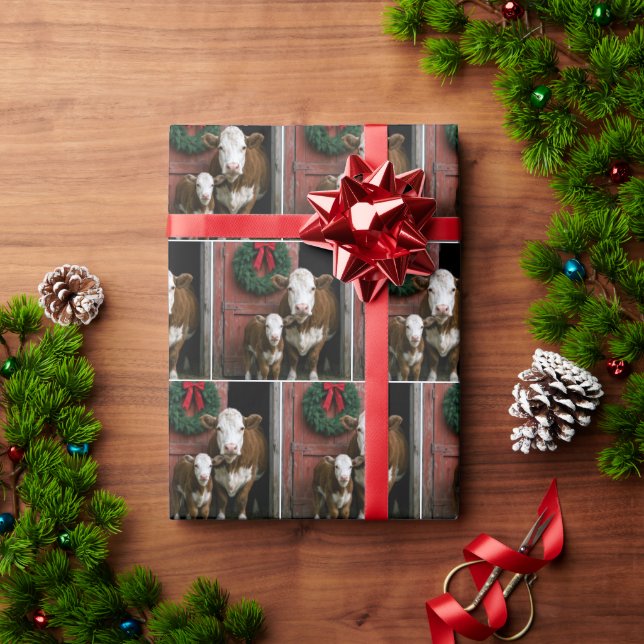 Papel De Presente Vaca e Bezerro Hereford no Natal (Presente de Natal)
