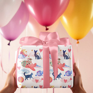 Papel De Presente Vaca Fofa em Avião, Espaço, Gatos, Lua, Caprichoso