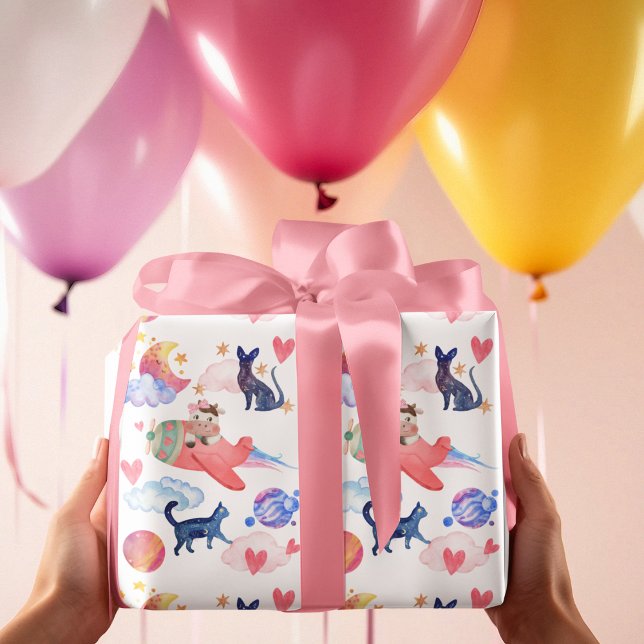 Papel De Presente Vaca Fofa em Avião, Espaço, Gatos, Lua, Caprichoso (Criador carregado)