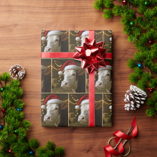 Papel De Presente Vaca Hereford de Natal Vestindo um Chapéu de Papai