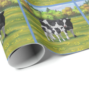 Papel De Presente Vaca Holstein e Vitelo-da-Feira na Pastagem de Ver