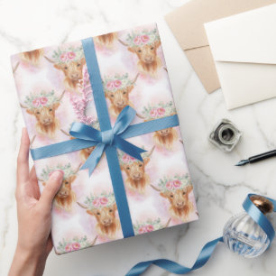 Papel De Presente Vacas das Terras Altas Flores Rosa Chás de Bebê An