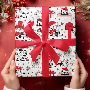 Papel De Presente Vacas de Natal Fofas Vermelhas Pretas e Brancas