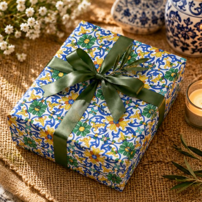 Papel De Presente Valencia Garden Spanish  Blue Green Mediterranean  (Criador carregado)