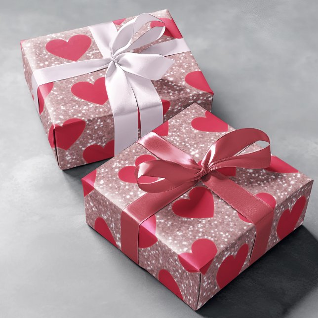 Papel De Presente Valentine Pink Glitter & Hearts Wrapping Paper  (Criador carregado)