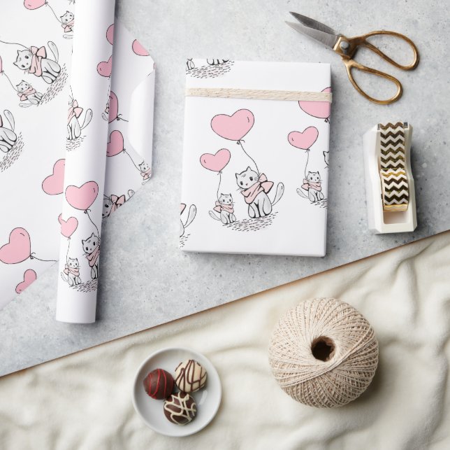 Papel De Presente Valentine's Day Wrapping Paper Cat Pink Hearts (Artesanato)