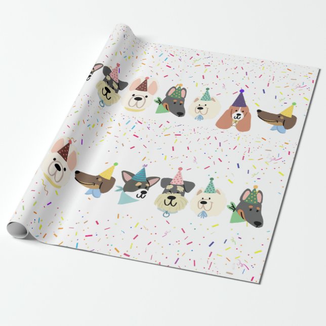 Papel De Presente Vamos Pawty, Cães de Festa Confetti Aniversário (Desenrolado)