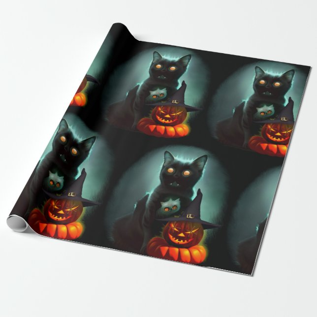 Papel De Presente Vampiro Gato e Mágico Pumpkin Halloween Surreal (Desenrolado)