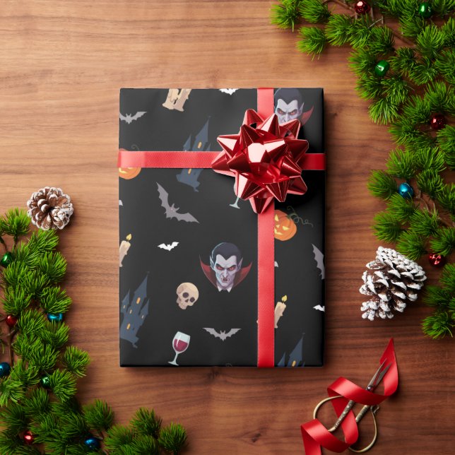 Papel De Presente 🧛 ‍ ♂️ Vampiro Gótico do Halloween Black Wrap 🎁  (Presente de Natal)
