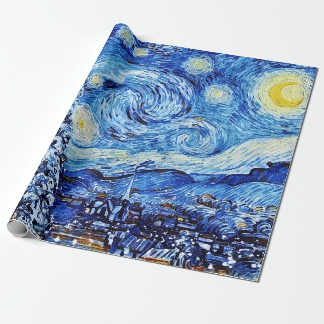 Papel De Presente Van Gogh - A Noite Estrelada - Natal Branco (Desenrolado)