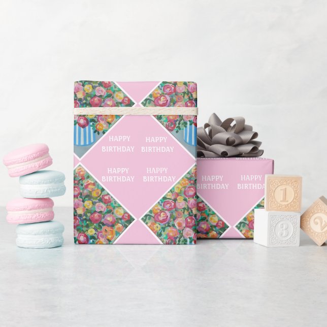 Papel De Presente Vase de rosas Feliz Aniversário (Chá de bebê)