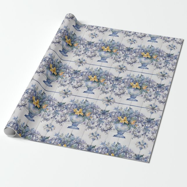 Papel De Presente Vaso de Decoupage Floral Azul e Branco com Azulejo (Desenrolado)