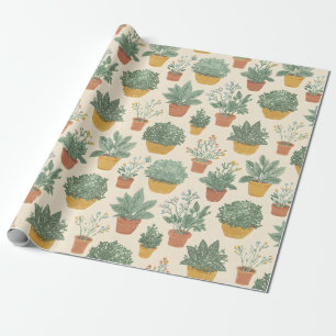 Papel De Presente Vasos de Plantas Flores Estilo de Ilustração Botân