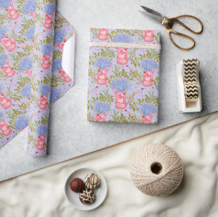 Papel De Presente Vasos de Rega Rosa Cottagecore Hortênsia em Flor