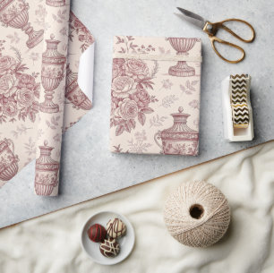 Papel De Presente Vasos de Rosa Empoeirada Floral Francesa