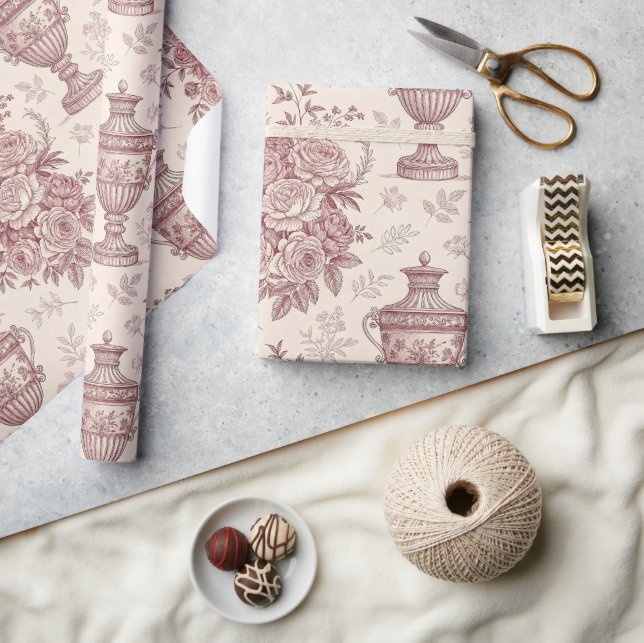 Papel De Presente Vasos de Rosa Empoeirada Floral Francesa (Artesanato)