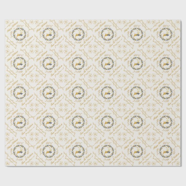 Papel De Presente Veado de Natal com Coroa Amarela Creme (Aberto)