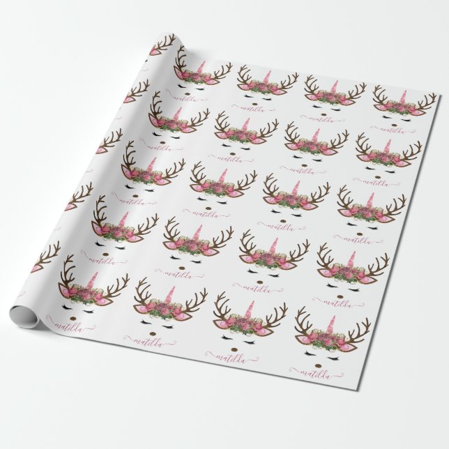 Papel De Presente Veado-de-ouro rosa de Natal elegante (Desenrolado)