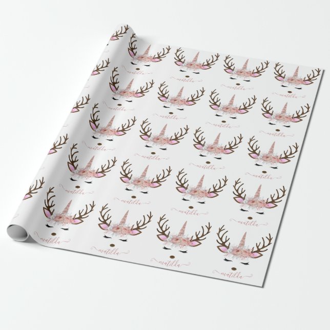 Papel De Presente Veado de unicórnio elegante rosa de Natal (Desenrolado)