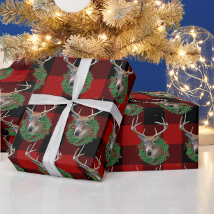 Papel De Presente Veado e Grinalda de Natal em Xadrez