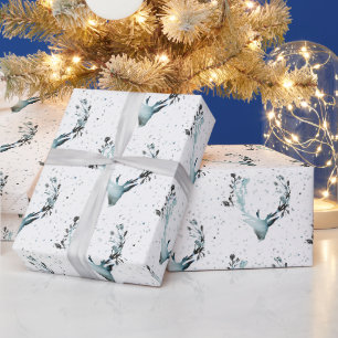 Papel De Presente Veado Mágico de Inverno Prata Azul Neve Natal